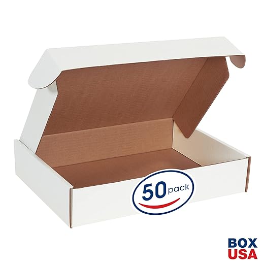 Box USA 15" Deluxe Shipping Boxes 15 1/8"L x 11 1/8"W x 3"H, 50-Pack - White Box Mailers for Packaging, Storage, Gifts or Bulk Business Orders