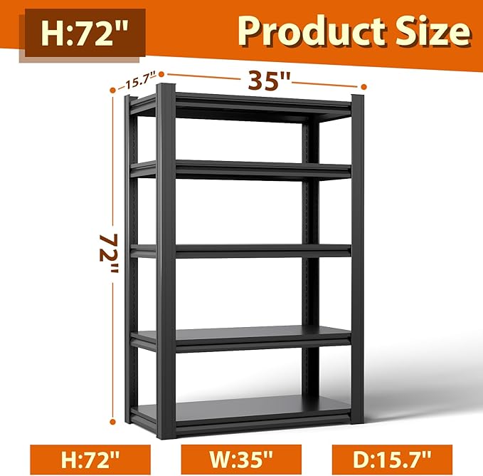 Metal Storage Shelves Unit,5-Tier Adjustable Heavy Duty Garage Shelving,3000LBS Garage Storage Industrial Shelves,Storage Racks,Steel Shelf Suitable for Shop,Warehouse,Basement