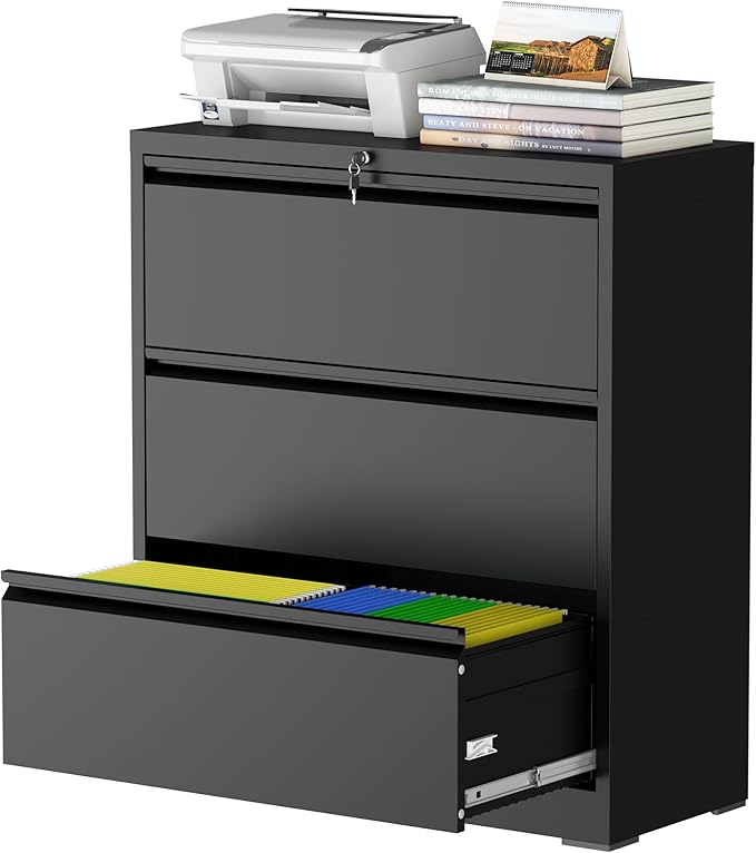 3 Drawer Lateral File Cabinet with Lock, Lateral File Cabinets for Home Office, Metal File Cabinet, Heavy Duty File Storage Cabinet for Legal/Letter/A4 Document, Assembly Required, Black