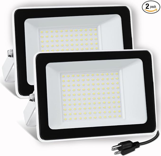 UFOND 10000 Lumens LED Flood Lights,100W Outdoor Waterproof Floodlights, Lighting Angle Adjustable,Portable Light with Plug for Garage,Yard,Garden,Porch(2 Pack)