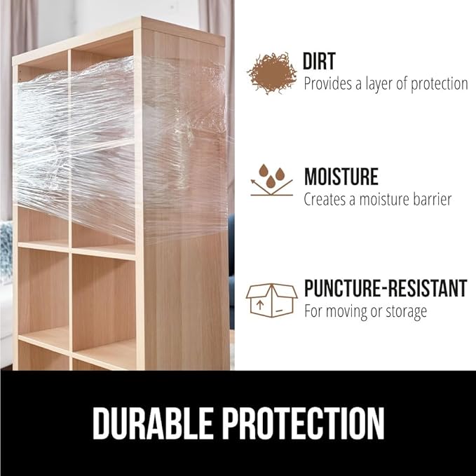 GORILLA GRIP 500% Stretch Film Heavy Duty Plastic, 2 Pack 500ft Shrink Wrap Rolls 24" Puncture Resistant, Industrial Strength for Pallet Storing, Wrapping, Moving, Packing Furniture Protection Clear