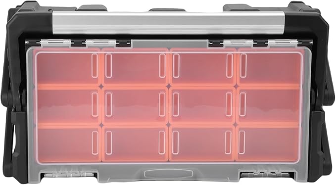 WALFRONT Electronic Tool Box Small Parts Organizer, 18 Compartment Dual Layer PP Aluminum Alloy Storage for Garage and Outdoor Tasks