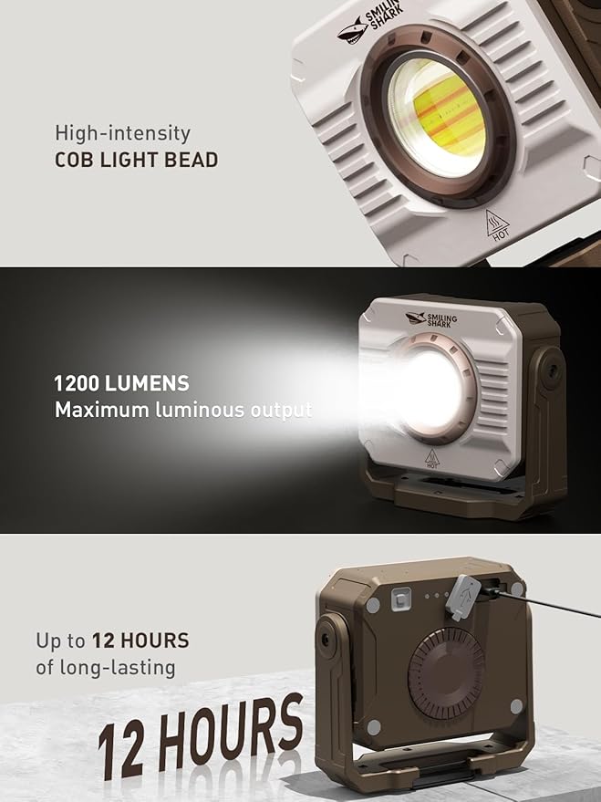 Smiling Shark Portable Working Lights, 5000mAh Rechargeable LED Work Light Dimmable 3 Light Mode with SOS Strobe 360°Rotatable Magnetic COB Worklight Job Site Lighting for Garage Repair Camping Hiking