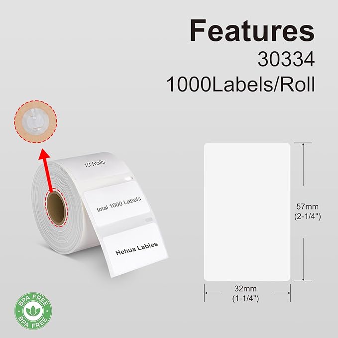 Hehua 10-Roll 2-1/4" x 1-1/4" Compatible with DYMO Labelwriter 550 5XL 30334 with RFID Chip, Multipurpose Barcode & FNSKU Labels, Perforated, Compatible with DYMO Desktop Printers, Total 10000 Labels