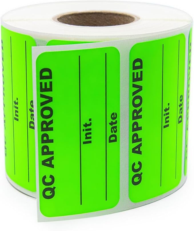QC Approved Quality Control Labels, 2" x 1", Bright Green, 500 Labels per Roll, Permanent Adhesive for Inspection & Inventory Use