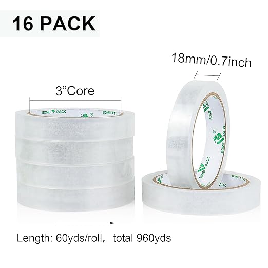 BOMEI PACK 16Rolls Clear Tape Refills for Dispenser, Transparent Gift Wrap Tape 3inch Core for Home, School and Office, 3/4inch x 60yds