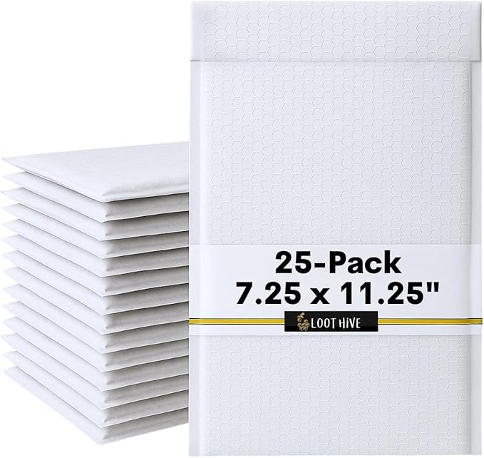 25-Pack 7.25x11.25" White Poly Bubble Mailers, Padded Shipping #1 Envelopes Self Seal Tear Resistant Lightweight Mailing Bags for Small Business, Books, DVDs, Gifts