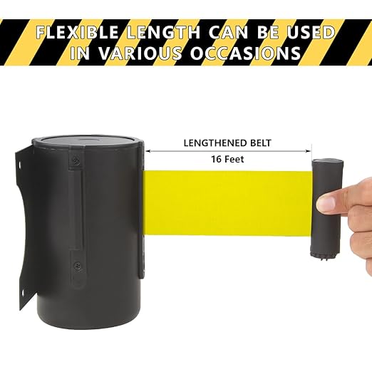 A-KARCK Wall Mount Retractable Belt 16 Foot, Crowd Control Wall Barrier with Steel Case Black and Yellow Belt with Caution: DO NOT Enter