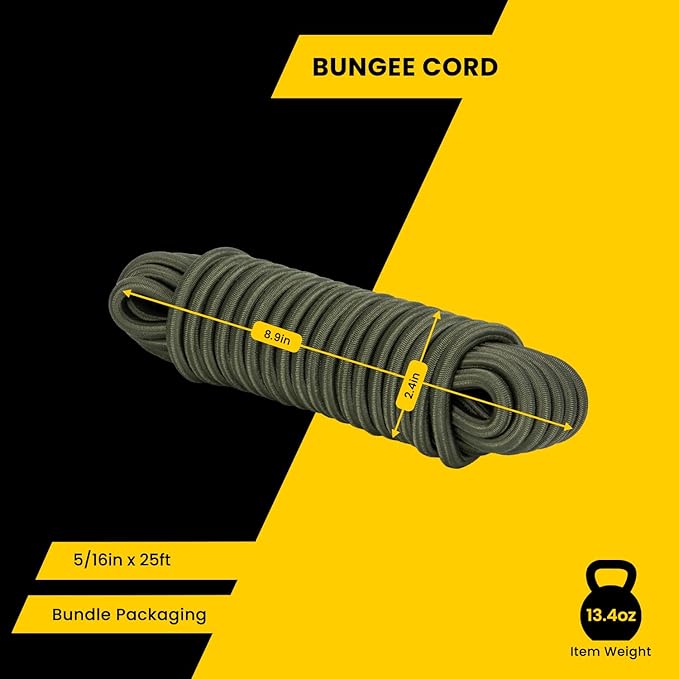 Bungee Cord Elastic Shock Cord 5/16" x 25' Bungee Rope for DIY, Tie Downs, Kayak and Outdoor - Army Green