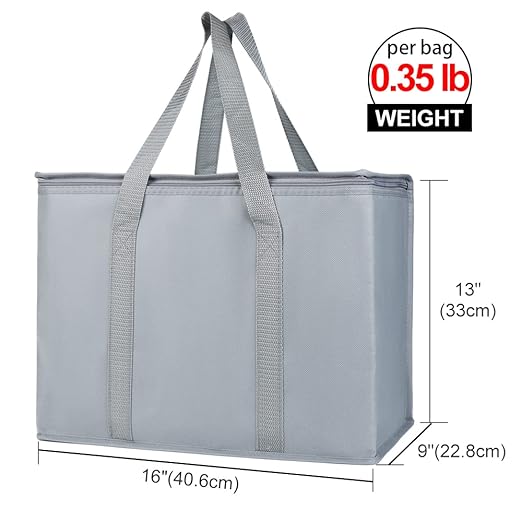 Bodaon 4-Pack Insulated Reusable Grocery Shopping Bags, X-Large Picnic Cooler Bag Top Cold, Insulated Food/Pizza Delivery Bag, Grey