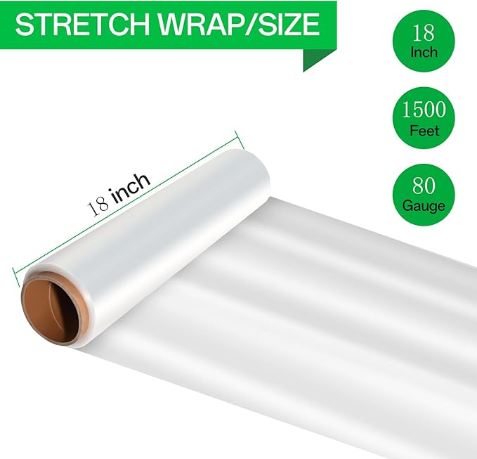 18 Inch Stretch Wrap Roll, Heavy Duty 1500ft Shrink Wrap Roll, Clear 80 Gauge Industrial Strength Stretch Film, Plastic Wrap for Pallet Wrapping Shipping Moving(4 Pack)