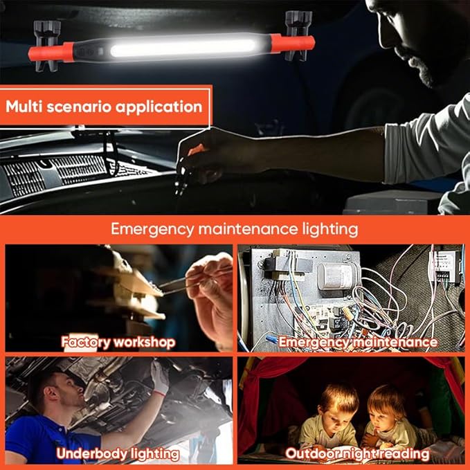 Magnetic Work Light Bar 2026 Upgraded | Rechargeable LED Light with Battery | IP55 Weather-Resistant Under Hood Light with Magnetic Base | Hooks & Clamp for Car Repair,Garage,Emergency,Power Outage