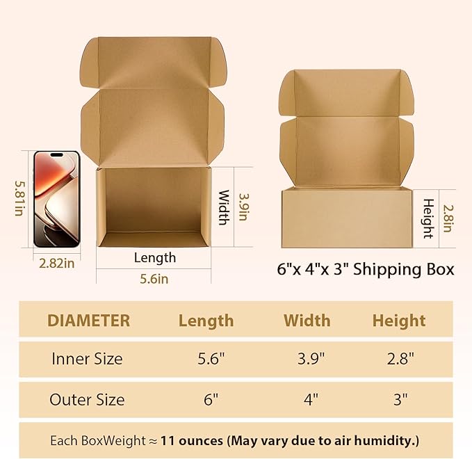 6x4x3 inches Shipping Boxes Set of 25, Small Corrugated Cardboard Box, Literature Mailer, Gift Boxes (Brown, 6x4x3)