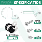 20PCS 3/8 Inch Cable Clamps with 45PCS Screws Assortment Kit 304 Stainless Steel Rubber Cushioned Insulated Cable Clamp, Automotive Wire Pipe Clamps(10mm)