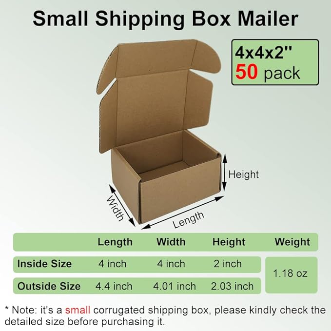 50 Pack Small 4x4x2'' Shipping Boxes, Brown Corrugated Cardboard Mailers for Mailing Packaging Business (BR442-50)