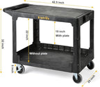 ELAFROS Large Heavy Duty Plastic Utility Cart Flat top 42.5 x 25 Inch - Work Cart Flat Shelves and Full Swivel Wheels Holds up to 550 lbs - 2 Tier Service Cart for Warehouse,Garage, Cleaning Black