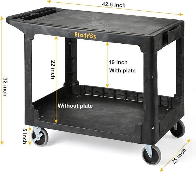 ELAFROS Large Heavy Duty Plastic Utility Cart Flat top 42.5 x 25 Inch - Work Cart Flat Shelves and Full Swivel Wheels Holds up to 550 lbs - 2 Tier Service Cart for Warehouse,Garage, Cleaning Black