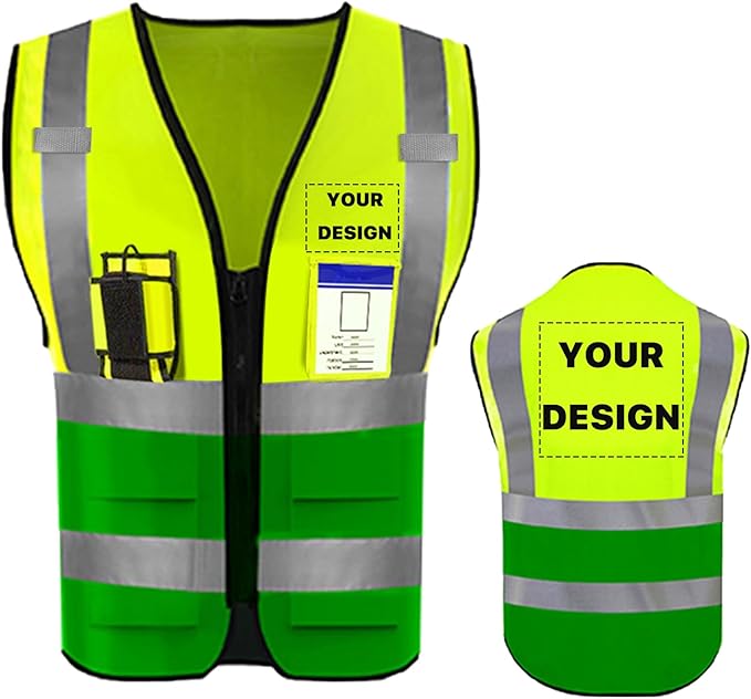 YOWESHOP High Reflective Visibility Safety Vest with Pockets and Zipper Custom Your Logo Safety Workwear