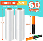 Stretch Wrap Film, 15" x 1000Ft Shrink Wrap Roll with Handles,60 Gauge Stretch Wrap Industrial Strength, Plastic Wrap for Pallet Wrapping Shipping Moving and Surface Protection (4 Pack-15"-60 Gauge)