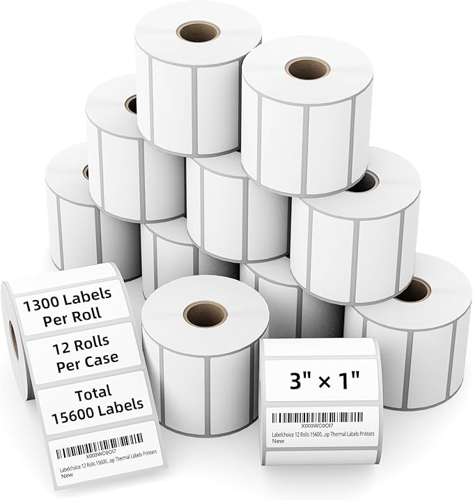 3"x1" 3-Proof Direct Thermal Barcode Shipping Labels for Zebra LP2844 GK420D GK420T ZD421 ZD420, 12 Rolls 15600 Pcs 1x3 Strong Adhesive Return Address Label Used with Rollo MUNBYN Arkscan