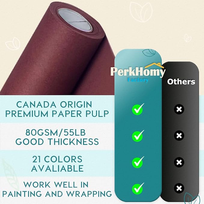 PerkHomy 17.8" x 1,440" (120') Wine Red Kraft Paper Roll for Craft Bulletin Board Paper Art Table Covering Crafting Gift Wrapping Bouquet Packing Parcel 80GSM 55LB (Wine Red, 17.8" x 120')