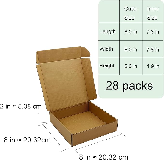 8x8x2 inch Shipping Boxes，Bulk 28 Pack，Brown Corrugated Mailers Cardboard Literature Mailer Box for Packaging Business, Mailing,Moving and Storage，Small Gift Boxes for Wrapping Mailing Present