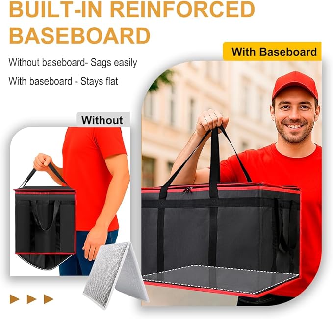 2PK Insulated Food Delivery Bag with Baseboard — Reusable Thermal Cooler Grocery Bags for Catering & Delivery, Pizza Carrier for Events, Large Capacity Bag Keeps Food Hot/Cold for Travel, Commercial