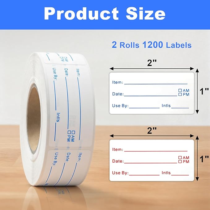 1200 Pieces Removable Food Labels Stickers, 2 Rolls 1x3 Inch Freezer Labels for Food Containers, No-Residue, Easy Clean, Waterproof & Oil-Resistant Food Storage Labels for Kitchen Restaurants