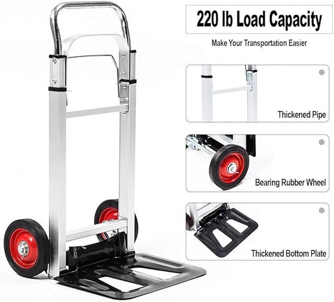 LEADALLWAY Hand Truck Aluminum Foldable Hand Cart with 6" Wheels 220 lbs Capacity