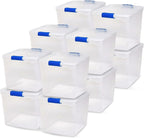 HOMZ 12-Pack Secure Latch, Clear Plastic Storage Organizer Bins, 31 Quart, Blue Latches - Stackable Container Boxes for Bedroom, Bathroom, Garage, and Office Organization