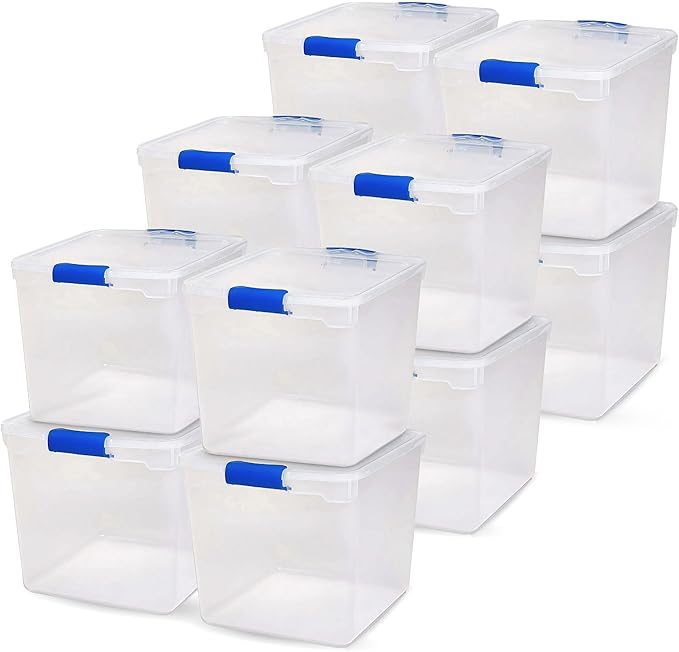 HOMZ 12-Pack Secure Latch, Clear Plastic Storage Organizer Bins, 31 Quart, Blue Latches - Stackable Container Boxes for Bedroom, Bathroom, Garage, and Office Organization