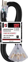 EP 12 Ft 12 Gauge Heavy Duty Extension Cord, 15A 125V 1875W, 3 Outlet Indoor/Outdoor Power Cord with Lighted End, 12/3 SJTW Weatherproof Black, UL Listed