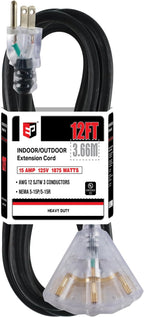 EP 12 Ft 12 Gauge Heavy Duty Extension Cord, 15A 125V 1875W, 3 Outlet Indoor/Outdoor Power Cord with Lighted End, 12/3 SJTW Weatherproof Black, UL Listed