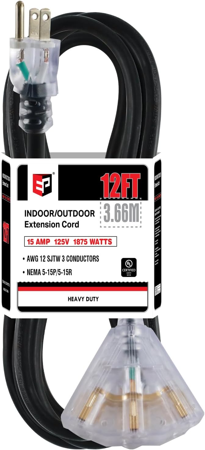EP 12 Ft 12 Gauge Heavy Duty Extension Cord, 15A 125V 1875W, 3 Outlet Indoor/Outdoor Power Cord with Lighted End, 12/3 SJTW Weatherproof Black, UL Listed