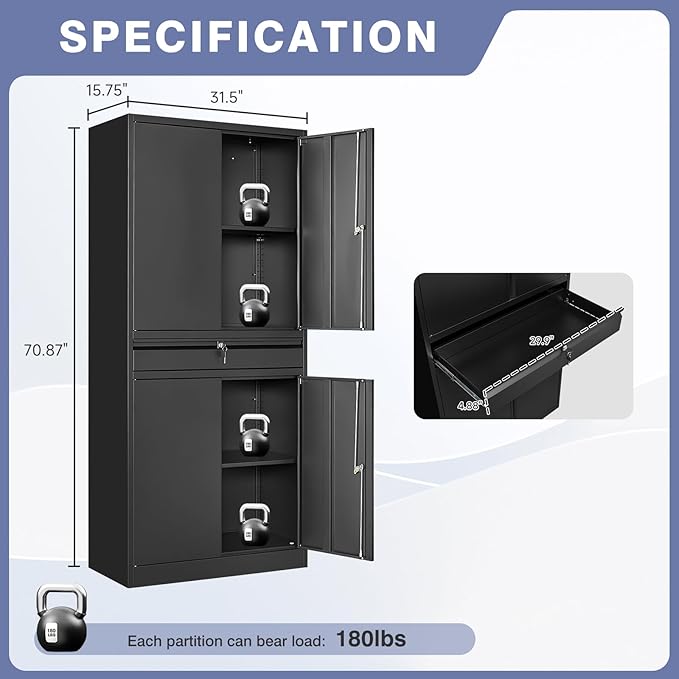 Metal Storage Cabinet with with Drawer, Garage Storage Cabinet with Locking Doors and Adjustable Shelves for Garage, Home Office,Warehouse (Black)