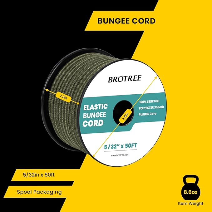Bungee Cord Elastic Shock Cord 5/32" x 50' Bungee Rope for DIY, Tie Downs, Kayak and Outdoor - Army Green