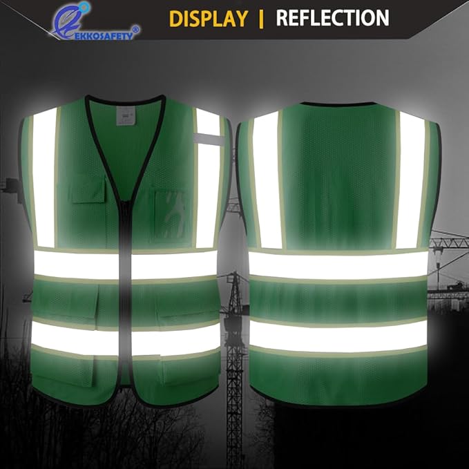 Reflective Mesh Safety Vest for Men Women with 5 Pockets and Zipper Front High Visibility Mesh Vest Hi Vis Construction Work Vest,Meets ANSI/ISEA Standards(EK175-Green-3XL)