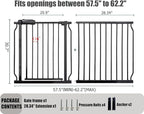 Extra Wide Baby Gate, 57.5-62 Inch - Black Metal, Pressure Mounted Indoor Safety Gate, Walk-Through Dog Gate for Kids & Pets, 30 Inch Tall