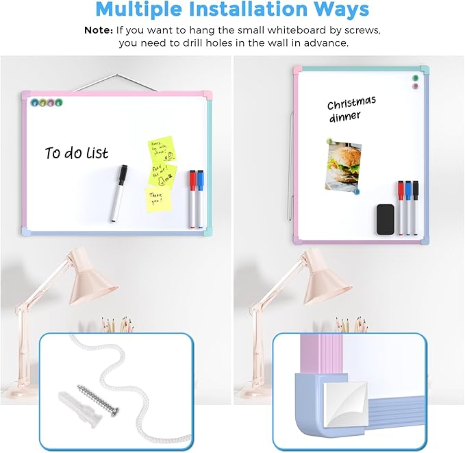 MaxGear Double-Sided Dry Erase Board for Wall, 16"x12" Hanging Whiteboard, Small Dry Erase White Board kit, Portable Whiteboard for Planning, Drawing, Memo, to Do List, Macaron Frame