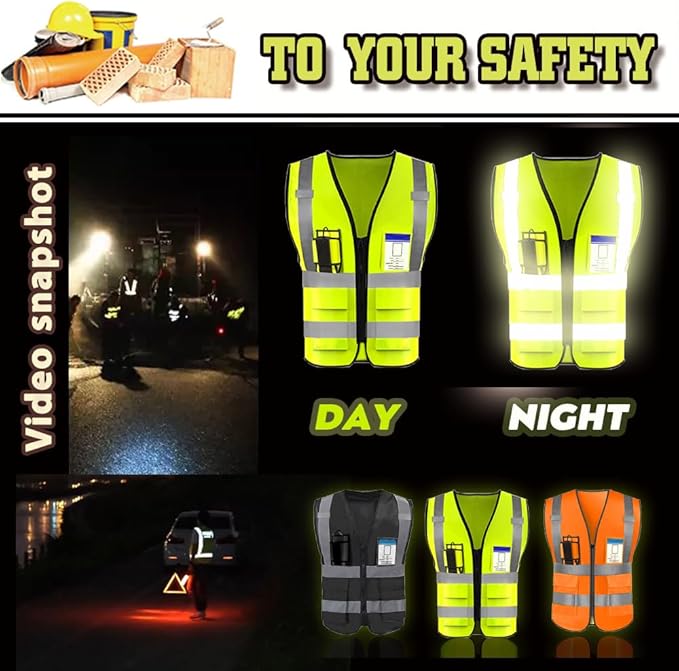 YOWESHOP High Reflective Visibility Safety Vest with Pockets and Zipper Custom Your Logo Safety Workwear