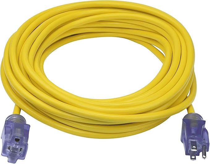 Clear Power 50 ft Heavy Duty Outdoor Extension Cord 14/3 SJTW with Lighted Locking Connector, Yellow, Water & Weather Resistant, Flame Retardant, 3 Prong Grounded Plug, DCOC-0130-DC