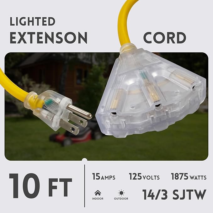 EP 10 Ft Lighted Outdoor Extension Cord with 3 Electrical Power Outlets - 14/3 SJTW Heavy Duty Yellow Extension Cable with 3 Prong Grounded Plug - Power Cord for Lawn, Garden, Appliances