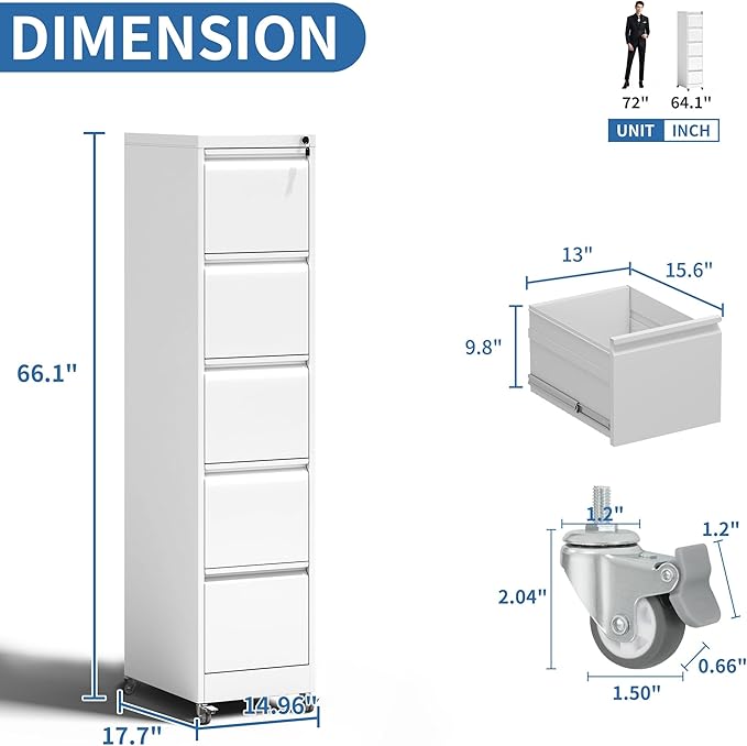 5 Drawer Mobile File Cabinet, Metal Filing Cabinet with Lock and Wheels, Home Office Rolling File Cabinets for Legal/Letter Hanging File Folders, Un-Assembled (White)
