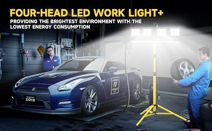 TOPRATED Plug In Led Work Light with Stand,28000 Lumen 110V 4 Adjustable Head Outdoor Flood Lights,Foldable Mechanic Light with 16.5Ft Power Cord,Portable Waterproof Tripod with Lamp for Workbench