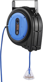 VEVOR 65FT Retractable Extension Cord Reel, 12AWG/3C SJTOW Heavy Duty Power Cord w/Lighted Electrical Triple Tap Outlets, 15A Circuit Breaker,180° Swivel Bracket for Workshop or Garage, Blue