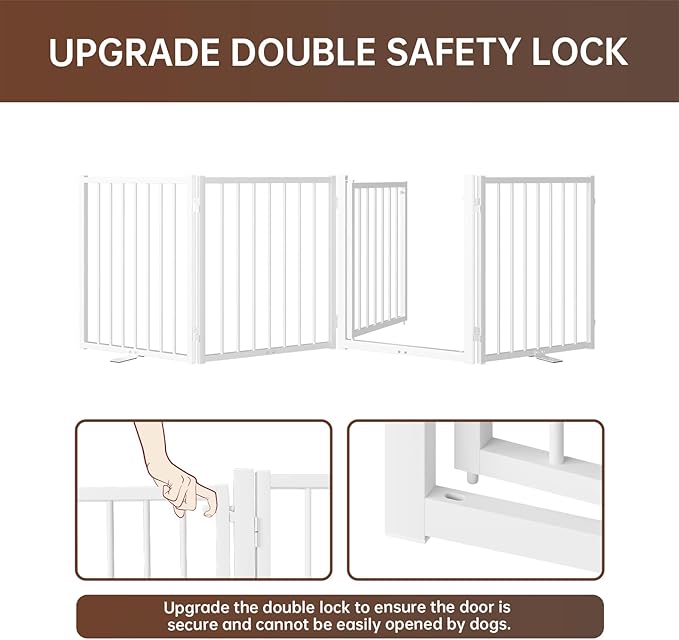 4 Panels Full Metal Freestanding Dog Gates with Door, 80” W x 24” H Folding Pet Gate Fence with Support Feet for Indoor,Stairs, Hallways and Doorways(White)