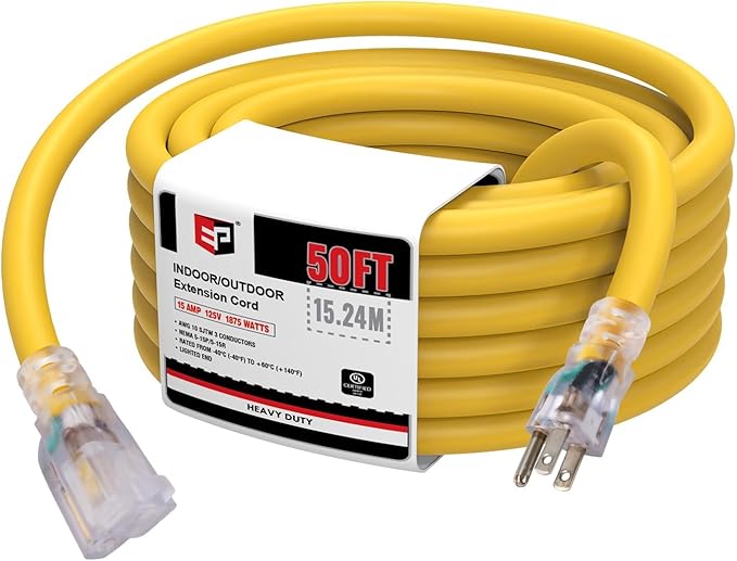 EP 50 Ft Lighted Outdoor Extension Cord - 10/3 SJTW Heavy Duty Yellow Extension Cable with 3 Prong Grounded Plug for Safety, UL Listed