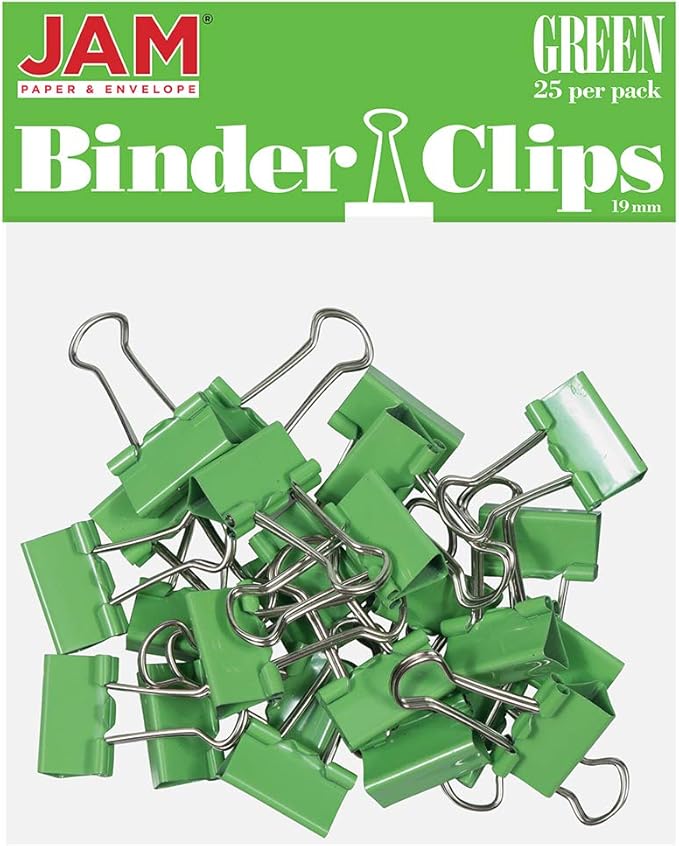 JAM PAPER Colorful Binder Clips - Small - 3/4 Inch (19 mm) - Green Binderclips - 25/Pack