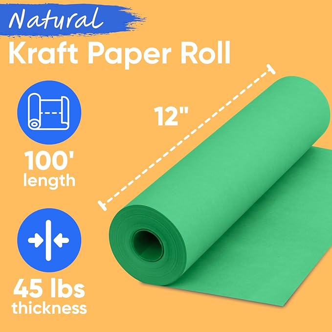 USA Made 12" x 1200" Christmas Green Kraft Paper Roll, 45 lbs Thickness, American Quality Colored Kraft Paper for School, Bulletin Board - Non-Toxic, Odorless, Safe for Kids