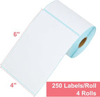 L LIKED 4"x6" Direct Thermal Labels, 1000 PCS White Perforated & Strong Adhesive Shipping Labels, 250 Labels per Roll, for Address Barcode Mailing (4 Rolls)